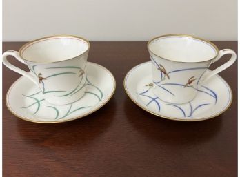 Pair Of Fine Japanese Iris Motif Teacups & Saucers With Hand-painted Gold Details