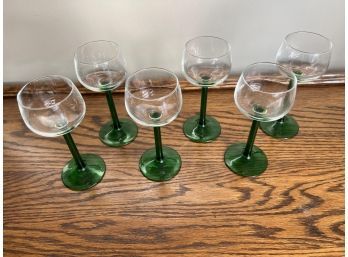 Set Of Six Green Stemmed Cordial Glasses
