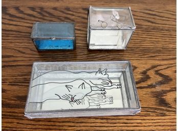 Trio Of Stained Glass Trinket Boxes, One With A Cat Design