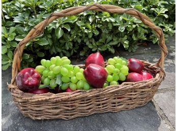 Handwoven Grapevine Long Basket Filled With Faux Fruit