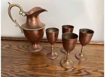 Copper & Brass Ewer With Four Goblets