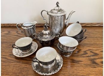 Vintage Sterling Silver Painted Porcelain Coffee Set