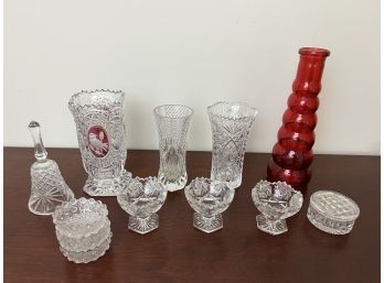 Collection Of Cut & Pressed Glass, Some With Red Accents