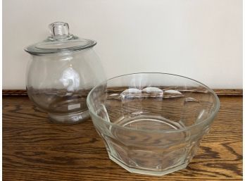 Italian Made Cut Glass Serving Bowl & Clear Glass Lidded Jar