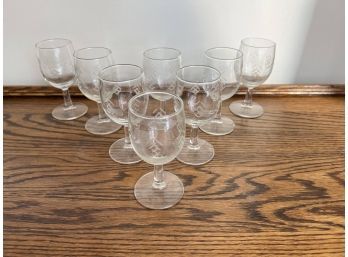 Set Of Eight Etched Glass Cordial Glasses