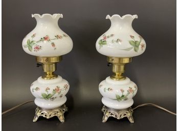 A Pair Of Vintage Milk Glass Hand Painted Hurricane Lamps