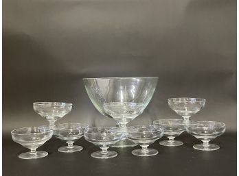 Nine Glass Sherbet Bowls With A Large Glass Pedestal Bowl