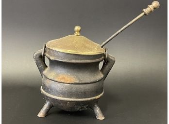 Vintage Cast Iron Fire Starter Cauldron With Brass Lid & Pumice Stone Wand