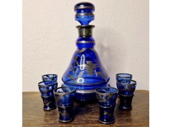 Cobalt Blue Decanter With Silver Etched Design & Six Matching Glasses