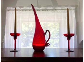 Ruby Red Candle Holders And Pitcher
