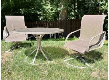 Two Swivel Mesh Outdoor Chairs & Round Table