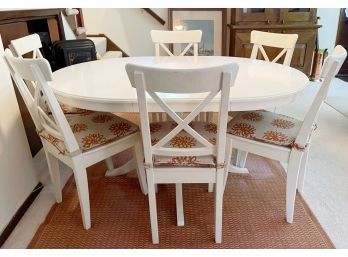 White Table With Two Leaves & Six Chairs