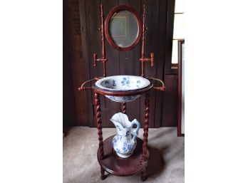 Wash Basin With Blue & White Bowl And Pitcher