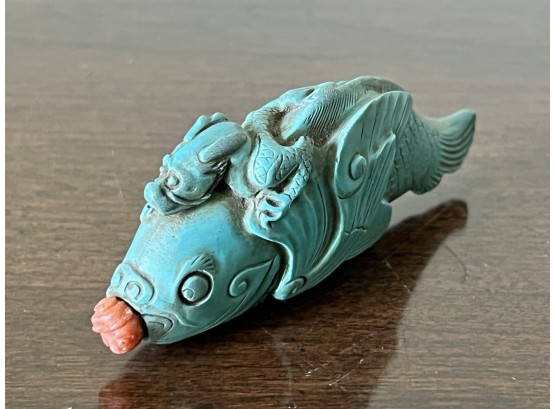 Stellar Vintage Carved Turquoise Fish With Dragon Snuff Bottle