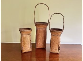Set Of 3 Vintage Japanese Ikebana Woven Bamboo Baskets