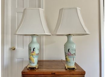 Beautiful Pair Of Chinese Porcelain Celadon Lamps