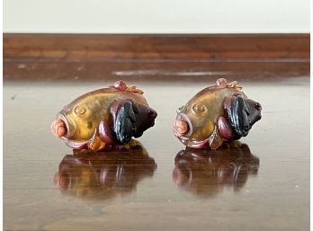 Pair Of Gorgeous Vintage Asian Snuffs Featuring Multiple Fish And A Lily