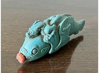 Stellar Vintage Carved Turquoise Fish With Dragon Snuff Bottle