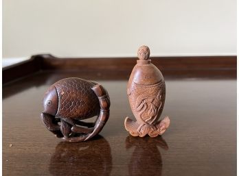 Vintage Pair Of Finely Carved Fish Asian Snuffs