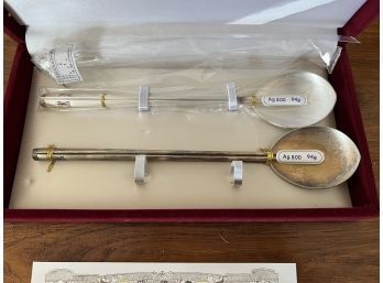 Pair Of 800 Silver Spoons With Chopsticks With Original Certificate