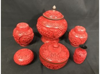 6PC Vintage Carved & Lacquered Chinese Cinnabar Lot - Ginger Jar, Cupboard Jars, Vases
