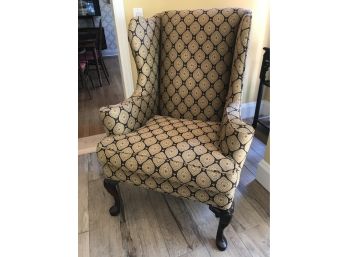 Wingback Arm Chair With Carved Legs - Deep Brown Upholstery Background - Excellent Condition
