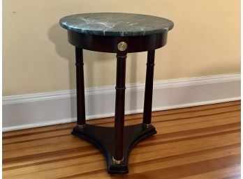 Bombay Co. French Empire Style Marble Top Accent Table - Mahogany, Column Supports & Brass Medallion Accents