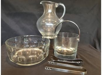 3PC Household Essentials - Large Glass Pitcher, Arcoroc France Large Bowl & Ice Bucket With Thongs