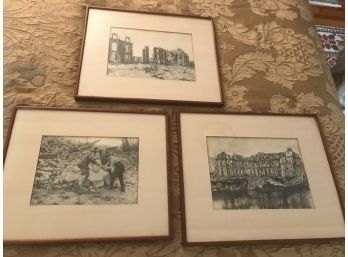 3 Piece War Themed Framed Photo Prints  - Ruines Du Chateau Pinon, Tilloloy And Caulaincourt