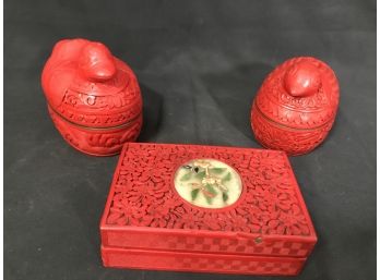 3pc Vintage Chinese Lacquered Cinnabar Lot - 2 Lidded Duck Boxes & 1 Rectangular Box