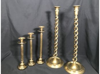 Solid Brass Vintage Candlesticks - Set Of 2 Twisted 19th Century & Set Of 3 Pillar Graduated Columns