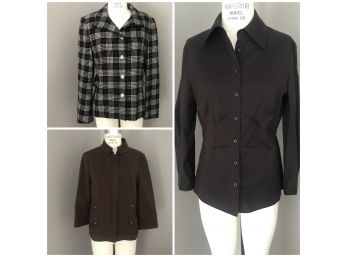 3pc Lot Of Eccoci Women's Clothing - Black & White Plaid Jacket, Brown Blouse And Jacket, Size 6 & 8