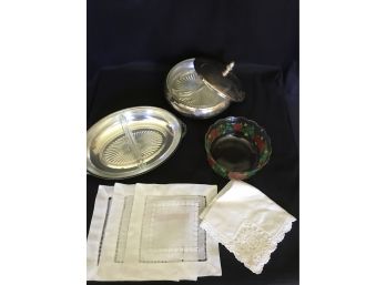 Vintage Silver Plate Serving Pieces With Glass Inserts,  Handpainted Strawberry Bowl & A Few Linens