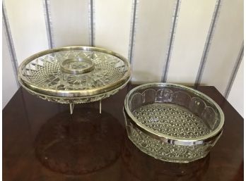 2PC Elegant Serving Dishes - Chip/Dip And Glass Bowl With Silver Tone Edges- One Silver Plate