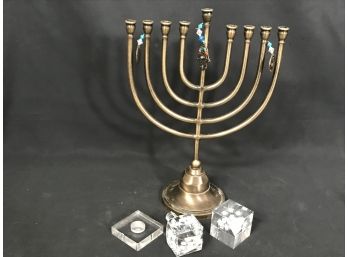 3PC Judaic Lot - Brass Menorah, Etched Crystal Dreidel, Laser Etched Crystal Cube Dreidel Themed