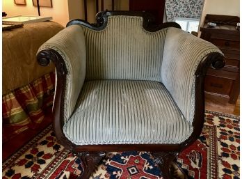 Antique American Empire Neoclassical Style Upholstered Armchair With Mahogany Frame