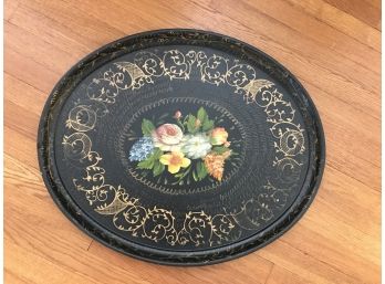 Large Oval Black Toll Painted Wooden Tray With Original Sticker - MSRP $295