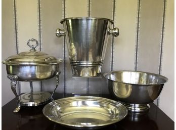 4 PC Vintage Silver Plate Classic Serving  Piece Lot - Sheridan,  Gorham - Ice Bucket, Warming Tray, Bowls