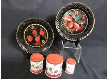 Vintage Tole Painted 'Strawberry' Metal Decorative Plates  & Wolverine Mini Canister 3pc Set