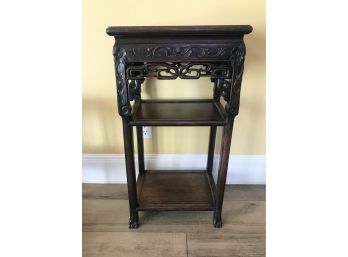 Wooden Tall Table Or Plant Stand With Inlaid Marble - 31.5' Tall Carved Wood Detailing