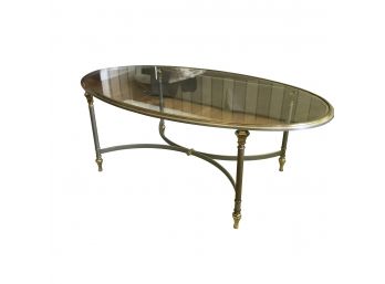 Ethan Allen Oval Brass And Steel Glass Topped Coffee Table - Made In Italy