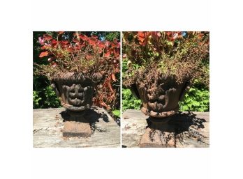 Pair Of Iron Pedestal Urn Planters - 17' High HEAVY