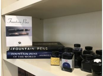For Fountain Pen Enthusiasts ... Three Table Top Fountain Pen Books And 13 New Bottles Of Ink