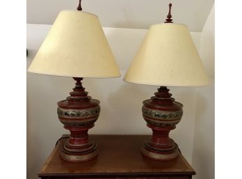 Pair Of Burmese Lacquerware Wooden Table Lamps - Traditional Stupa Shaped, Hand Painted 28'