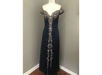 YSA Makino Navy Silk Off Shoulder Beaded Gown - Pleated Underlay - Gorgeous!  Exclusive Design