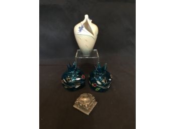 Signed Vintage Franz Porcelain Dragonfly Vase, Pair Of Blown Glass Vases & Pewter Inkwell
