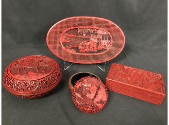4pc Vintage Chinese Cinnabar Set- 2 Carved Round Boxes, 1 Resin Plate, 1 Carved Rectangular Box