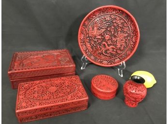 5 Pc Vintage Chinese Carved & Lacquered Cinnabar Lot - Plate, Rectangular & Round Boxes, Mini Vase