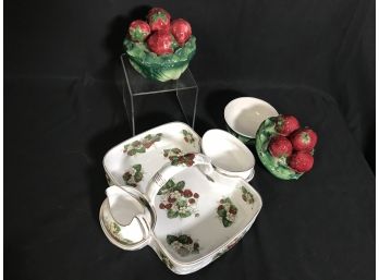 Hammersley & Co English Bone China Strawberry Basket  & Set Of 2 Strawberry Themed Covered Bowls