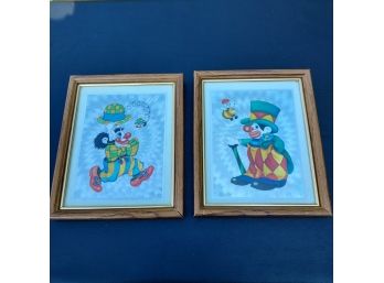 2 Vintage Foil Art Framed Clowns